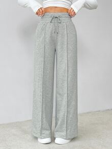 SHEIN PETITE 女款小碼灰色純色抽繩腰寬腿運動長褲，適合畢業季、返校季、教師穿著，夏季健身運動風 - 灰色 - 查看 1