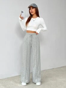 SHEIN PETITE 女款小碼灰色純色抽繩腰寬腿運動長褲，適合畢業季、返校季、教師穿著，夏季健身運動風 - 灰色 - 查看 4