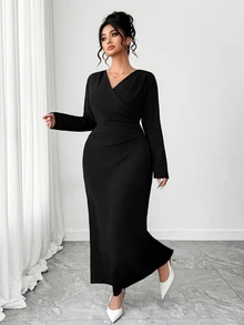 Elenzga Plus Size Women's Elegant V-Neck Long Sleeve Ruched Waist Bodycon Dress, Early Autumn Formal Dinner Black Fall Outfits Work Outfits For Women - Black - View 5