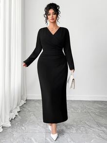 Elenzga Plus Size Women's Elegant V-Neck Long Sleeve Ruched Waist Bodycon Dress, Early Autumn Formal Dinner Black Fall Outfits Work Outfits For Women - Black - View 7