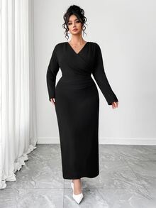 Elenzga Plus Size Women's Elegant V-Neck Long Sleeve Ruched Waist Bodycon Dress, Early Autumn Formal Dinner Black Fall Outfits Work Outfits For Women - Black - View 4