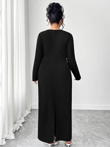 Elenzga Plus Size Women's Elegant V-Neck Long Sleeve Ruched Waist Bodycon Dress, Early Autumn Formal Dinner Black Fall Outfits Work Outfits For Women - Black - View 2