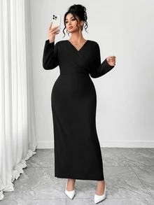 Elenzga Plus Size Women's Elegant V-Neck Long Sleeve Ruched Waist Bodycon Dress, Early Autumn Formal Dinner Black Fall Outfits Work Outfits For Women - Black - View 3