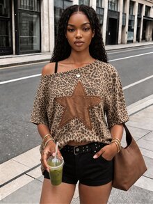 Dekonique Dekonique Y2K Leopard Print Retro Star Pattern Asymmetrical Shoulder Loose Top, Comfortable Casual Short Sleeve T-Shirt, Suitable For Daily Gatherings And Casual - Multicolor - View 6