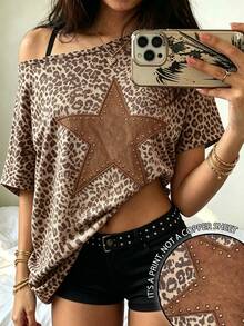 Dekonique Dekonique Y2K Leopard Print Retro Star Pattern Asymmetrical Shoulder Loose Top, Comfortable Casual Short Sleeve T-Shirt, Suitable For Daily Gatherings And Casual - Multicolor - View 1