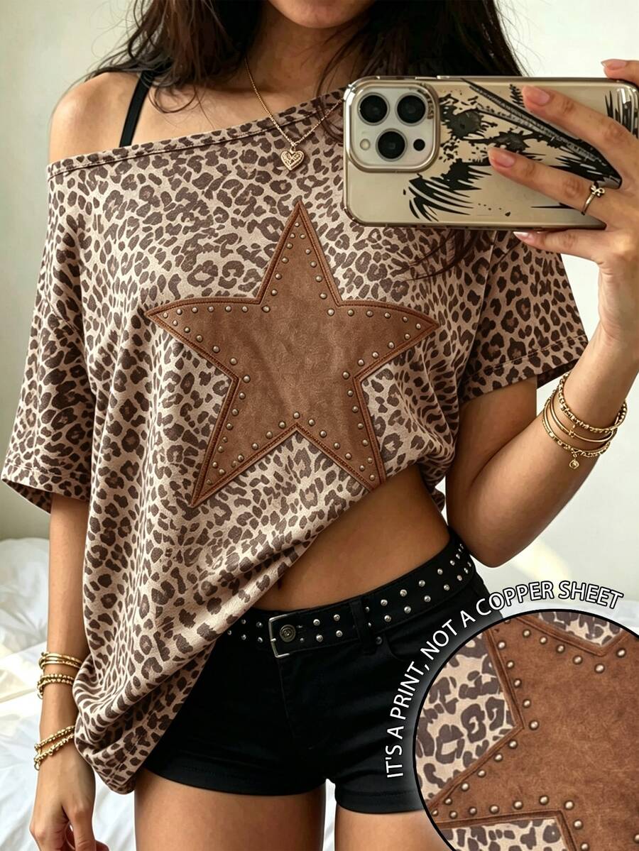 Dekonique Dekonique Y2K Leopard Print Retro Star Pattern Asymmetrical Shoulder Loose Top, Comfortable Casual Short Sleeve T-Shirt, Suitable For Daily Gatherings And Casual - Multicolor - View 1