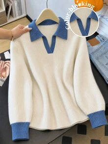 GlowEve CURVE Plus Size Women Fall Winter Casual Elegant Knit Top, Color Block Polo Collar Long Sleeve Sweater, Blue White Stripe Formal Office - Multicolor - View 4