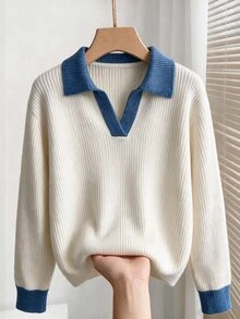 GlowEve CURVE Plus Size Women Fall Winter Casual Elegant Knit Top, Color Block Polo Collar Long Sleeve Sweater, Blue White Stripe Formal Office - Multicolor - View 3