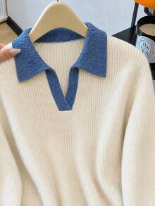 GlowEve CURVE Plus Size Women Fall Winter Casual Elegant Knit Top, Color Block Polo Collar Long Sleeve Sweater, Blue White Stripe Formal Office - Multicolor - View 8