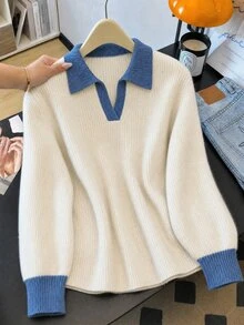 GlowEve CURVE Plus Size Women Fall Winter Casual Elegant Knit Top, Color Block Polo Collar Long Sleeve Sweater, Blue White Stripe Formal Office - Multicolor - View 7