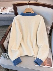 GlowEve CURVE Plus Size Women Fall Winter Casual Elegant Knit Top, Color Block Polo Collar Long Sleeve Sweater, Blue White Stripe Formal Office - Multicolor - View 6