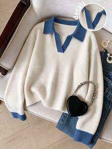 GlowEve CURVE Plus Size Women Fall Winter Casual Elegant Knit Top, Color Block Polo Collar Long Sleeve Sweater, Blue White Stripe Formal Office - Multicolor - View 2
