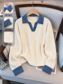 GlowEve CURVE Plus Size Women Fall Winter Casual Elegant Knit Top, Color Block Polo Collar Long Sleeve Sweater, Blue White Stripe Formal Office - Multicolor - View 1