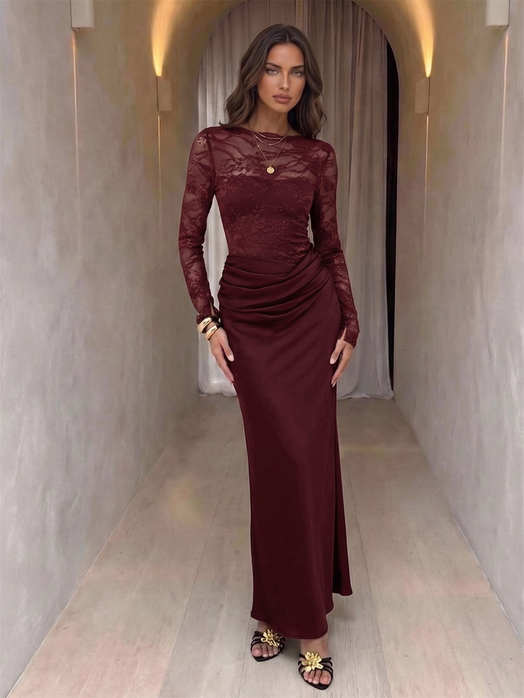 Aloruh Women's French Elegant Lace Ruffle Mermaid Hem Dress Elegant Dresses For Women Brown Dress Birthday Dress For Women - Burgundy - View 3
