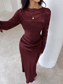 Aloruh 女款法式優雅蕾絲荷葉邊魚尾下擺洋裝 棕色優雅女裝 生日洋裝 - 酒紅色 - 查看 6