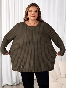 SHEIN CURVE+ 大尺碼女款字母印花拼接細節T恤 秋季 - 咖啡棕 - 查看 3