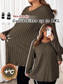 SHEIN CURVE+ 大尺碼女款字母印花拼接細節T恤 秋季 - 咖啡棕 - 查看 1