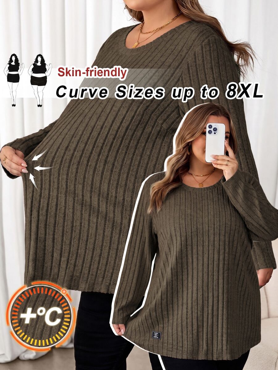 SHEIN CURVE+ 大尺碼女款字母印花拼接細節T恤 秋季 - 咖啡棕 - 查看 1