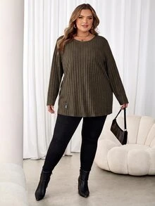 SHEIN CURVE+ 大尺碼女款字母印花拼接細節T恤 秋季 - 咖啡棕 - 查看 5