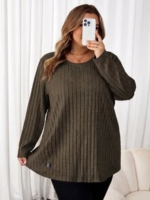 SHEIN CURVE+ 大尺碼女款字母印花拼接細節T恤 秋季 - 咖啡棕 - 查看 4