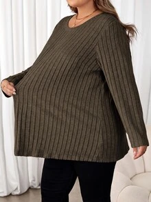 SHEIN CURVE+ 大尺碼女款字母印花拼接細節T恤 秋季 - 咖啡棕 - 查看 6