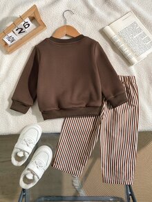 Souflis Setelan Baju Bayi Laki-laki Gaya Prancis Usia 0-3 Tahun, 2 Potong, Terbuat dari Katun Cokelat, Baju Lengan Panjang Berkerah Bulat dengan Motif Beruang dan Celana Bergaris, Cocok untuk Jalan-jalan, Sekolah, dan Acara Lainnya - Coklat - View 2