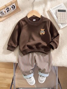 Souflis Setelan Baju Bayi Laki-laki Gaya Prancis Usia 0-3 Tahun, 2 Potong, Terbuat dari Katun Cokelat, Baju Lengan Panjang Berkerah Bulat dengan Motif Beruang dan Celana Bergaris, Cocok untuk Jalan-jalan, Sekolah, dan Acara Lainnya - Coklat - View 5