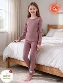 女童粉色長袖長褲修身舒適居家服 - 粉色 - 查看 4
