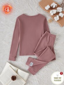 女童粉色長袖長褲修身舒適居家服 - 粉色 - 查看 3