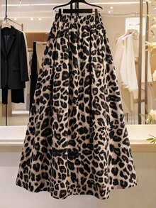 Franclia Plus Size Women Mid-High Waist Back Elastic Adjustable Pleated Draped A-Line Animal Leopard Print Long Skirt French Elegant Formal Office Summer Beige - Multicolor - View 2
