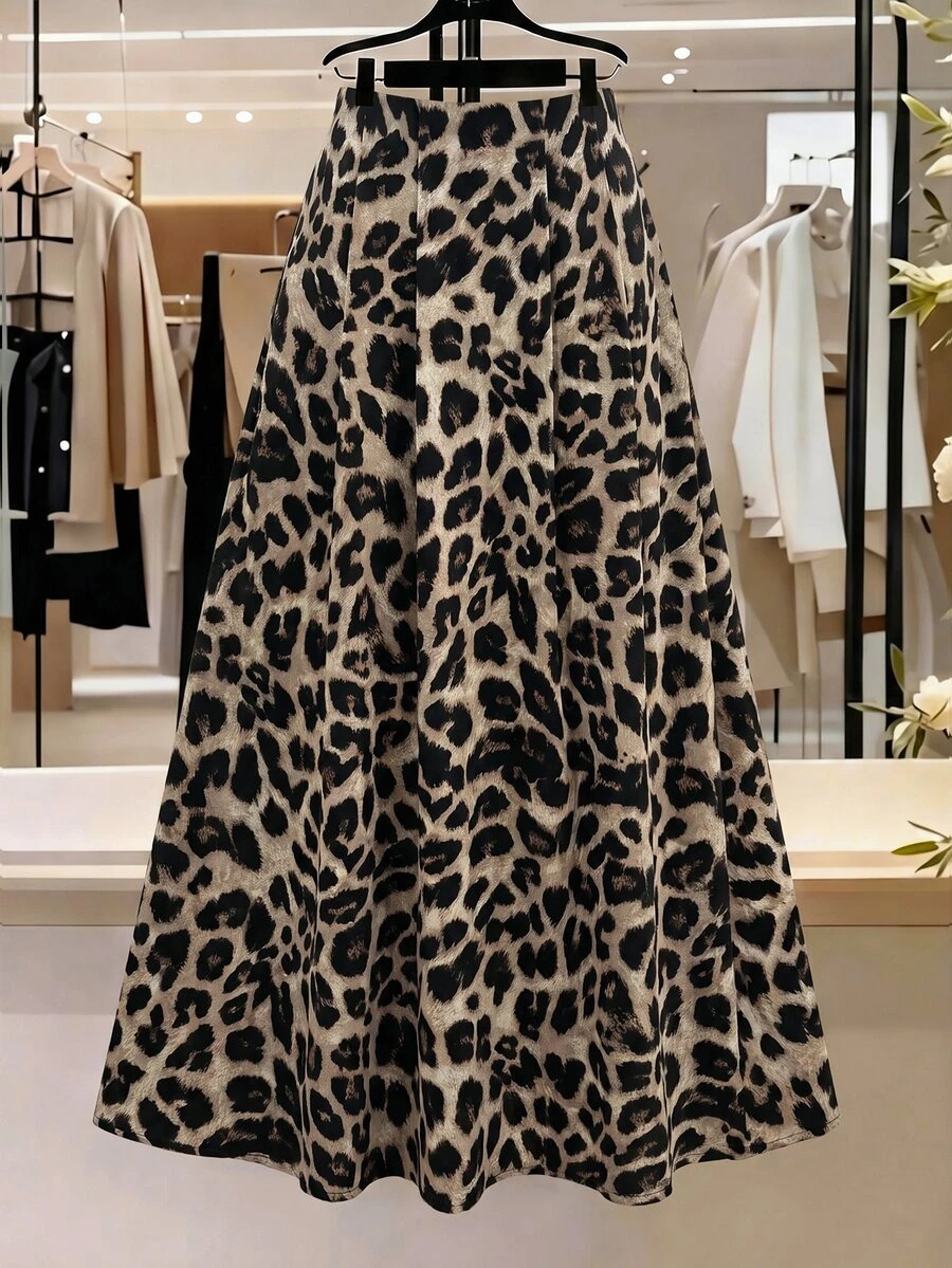 Franclia Plus Size Women Mid-High Waist Back Elastic Adjustable Pleated Draped A-Line Animal Leopard Print Long Skirt French Elegant Formal Office Summer Beige - Multicolor - View 1
