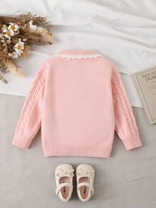 SHEIN Baby Girl Pink Cardigan Sweater With Large Collar, Solid Color Contrast White Wavy Lace Trim, Special Knit Soft Fabric, Suitable For Autumn/Winter - Pink - View 2