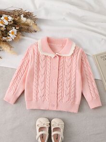 SHEIN Baby Girl Pink Cardigan Sweater With Large Collar, Solid Color Contrast White Wavy Lace Trim, Special Knit Soft Fabric, Suitable For Autumn/Winter - Pink - View 8