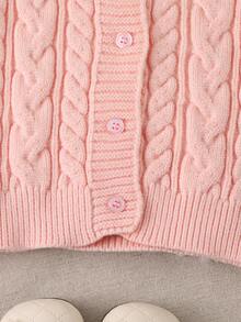 SHEIN Baby Girl Pink Cardigan Sweater With Large Collar, Solid Color Contrast White Wavy Lace Trim, Special Knit Soft Fabric, Suitable For Autumn/Winter - Pink - View 6