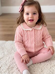 SHEIN Baby Girl Pink Cardigan Sweater With Large Collar, Solid Color Contrast White Wavy Lace Trim, Special Knit Soft Fabric, Suitable For Autumn/Winter - Pink - View 7