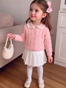 SHEIN Baby Girl Pink Cardigan Sweater With Large Collar, Solid Color Contrast White Wavy Lace Trim, Special Knit Soft Fabric, Suitable For Autumn/Winter - Pink - View 1