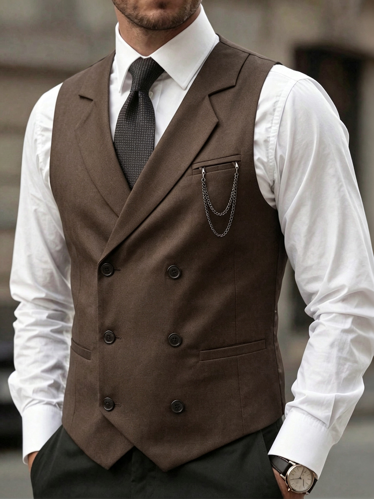 Manfinity Mode Men's Slim Fit Double-Breasted Black Waistcoat,Summer Elegant Evening Party Formal Business Vest With Chain Detail,Old Money Vintage For Wedding - Brown - View 1