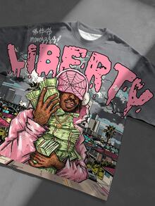 Manfinity Roghcode 男士 Liberty 嘻哈角色與鈔票印花 T 恤，粉色與白色，夏季，街頭穿搭，度假，美式街頭風圓領休閒短袖 - 彩色 - 查看 2