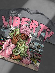 Manfinity Roghcode 男士 Liberty 嘻哈角色與鈔票印花 T 恤，粉色與白色，夏季，街頭穿搭，度假，美式街頭風圓領休閒短袖 - 彩色 - 查看 3