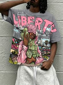 Manfinity Roghcode 男士 Liberty 嘻哈角色與鈔票印花 T 恤，粉色與白色，夏季，街頭穿搭，度假，美式街頭風圓領休閒短袖 - 彩色 - 查看 1