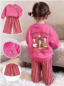 Baby Girls Green Stripe Thermal Lined Sweatshirt Set, Round Neck Loose Ribbed Casual Cute Graphic Pants, 2 Pieces School Family - Multicolor - View 3