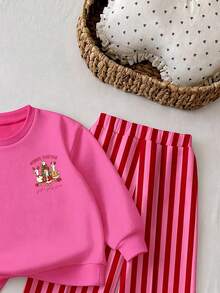 Baby Girls Green Stripe Thermal Lined Sweatshirt Set, Round Neck Loose Ribbed Casual Cute Graphic Pants, 2 Pieces School Family - Multicolor - View 6