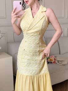 Modelyn 優雅翻領雙排扣雪紡拼接提花黃色洋裝 - 黃色 - 查看 6