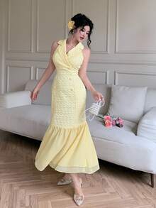 Modelyn 優雅翻領雙排扣雪紡拼接提花黃色洋裝 - 黃色 - 查看 4