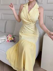 Modelyn 優雅翻領雙排扣雪紡拼接提花黃色洋裝 - 黃色 - 查看 8