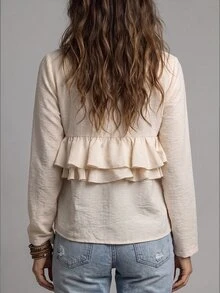 Breezaya Women's Solid Color V-Neck Long Sleeve Ruffle Single-Breasted Blouse - Apricot - View 3