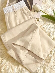 SHEIN Franclia 夏季清新姜黄色纹理阔腿裤 - 常规腰身蕾丝腰带单扣宽松垂坠休闲裤，博主风格通勤度假长裤 - 杏色 - 查看 1