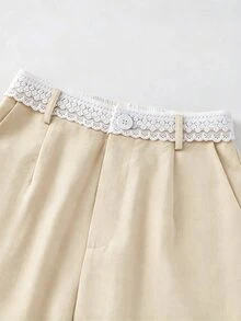 SHEIN Franclia 夏季清新姜黄色纹理阔腿裤 - 常规腰身蕾丝腰带单扣宽松垂坠休闲裤，博主风格通勤度假长裤 - 杏色 - 查看 6