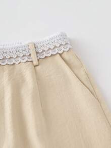 SHEIN Franclia 夏季清新姜黄色纹理阔腿裤 - 常规腰身蕾丝腰带单扣宽松垂坠休闲裤，博主风格通勤度假长裤 - 杏色 - 查看 4