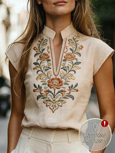 Balvessa [Printed Design] Women's Bohemian Beige Floral Print Notch Neck Cap Sleeve Blouse, Loose Fit Elegant Casual Top, Suitable For Summer Vacation, Office And Everyday Wear